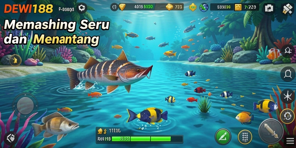 Gameplay DEWI188 yang menampilkan momen memancing yang mendebarkan.