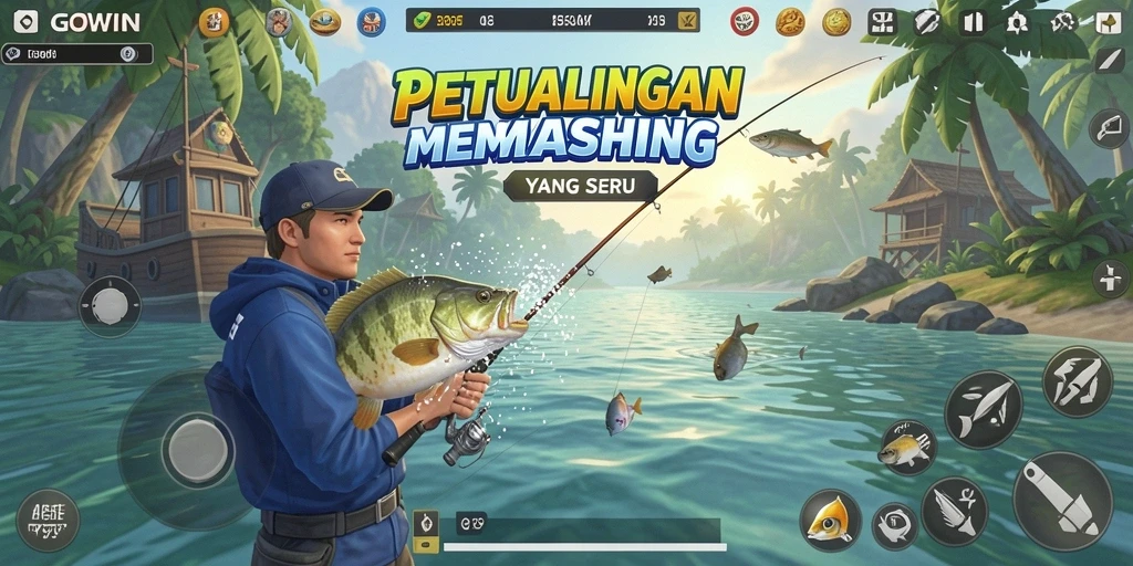Screenshot GOWIN menunjukkan pemain menangkap ikan besar di danau yang indah.