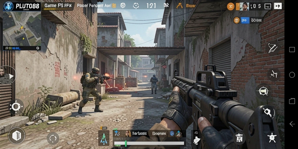 Screenshot gameplay PLUTO88 dengan aksi tembak-menembak yang seru.