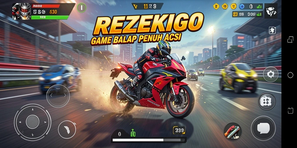 Tampilan gameplay balap motor yang mendebarkan dalam REZEKIGO.