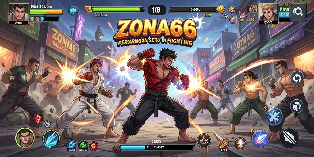 Tampilan gameplay ZONA66 dengan karakter bertarung di arena.